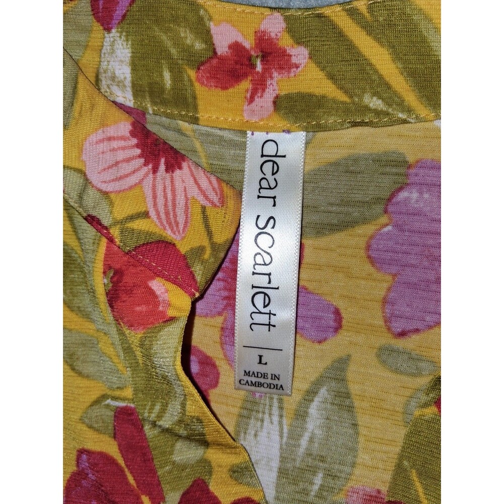 Dear Scarlett 3/4 Roll Tab Sleeve Popover tunic Blouse Large Yellow Floral Boho - Picture 2 of 12